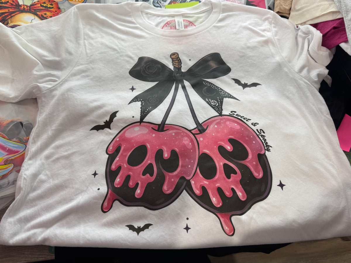 Sweet & Spooky Pink Skull Cherries Tee β Adult Medium | Ready to Ship
