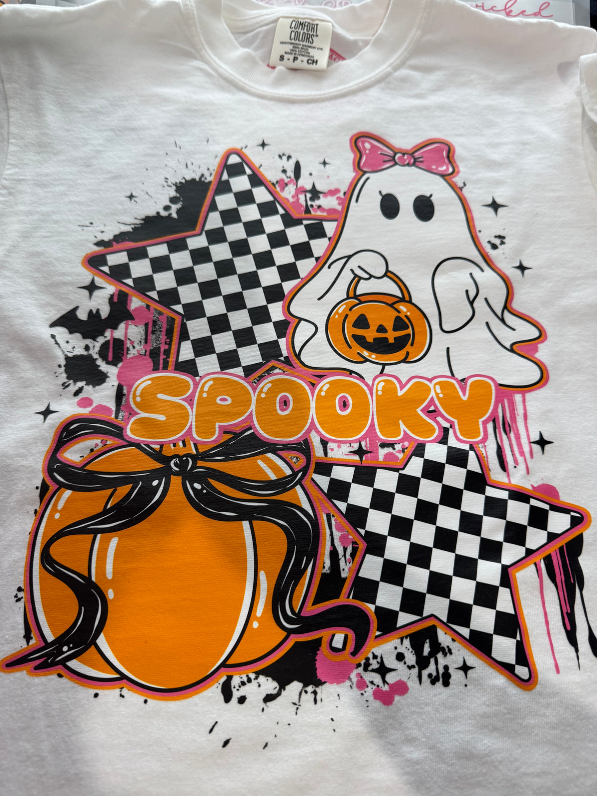 Spooky Checkerboard Ghost Comfort Colors Tee β Small | Ready to Ship