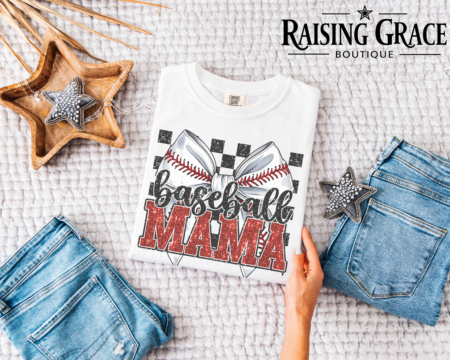 Baseball Mama - Adult T-Shirt - Comfort Colors - (faux "glitter" - red and black sequins)