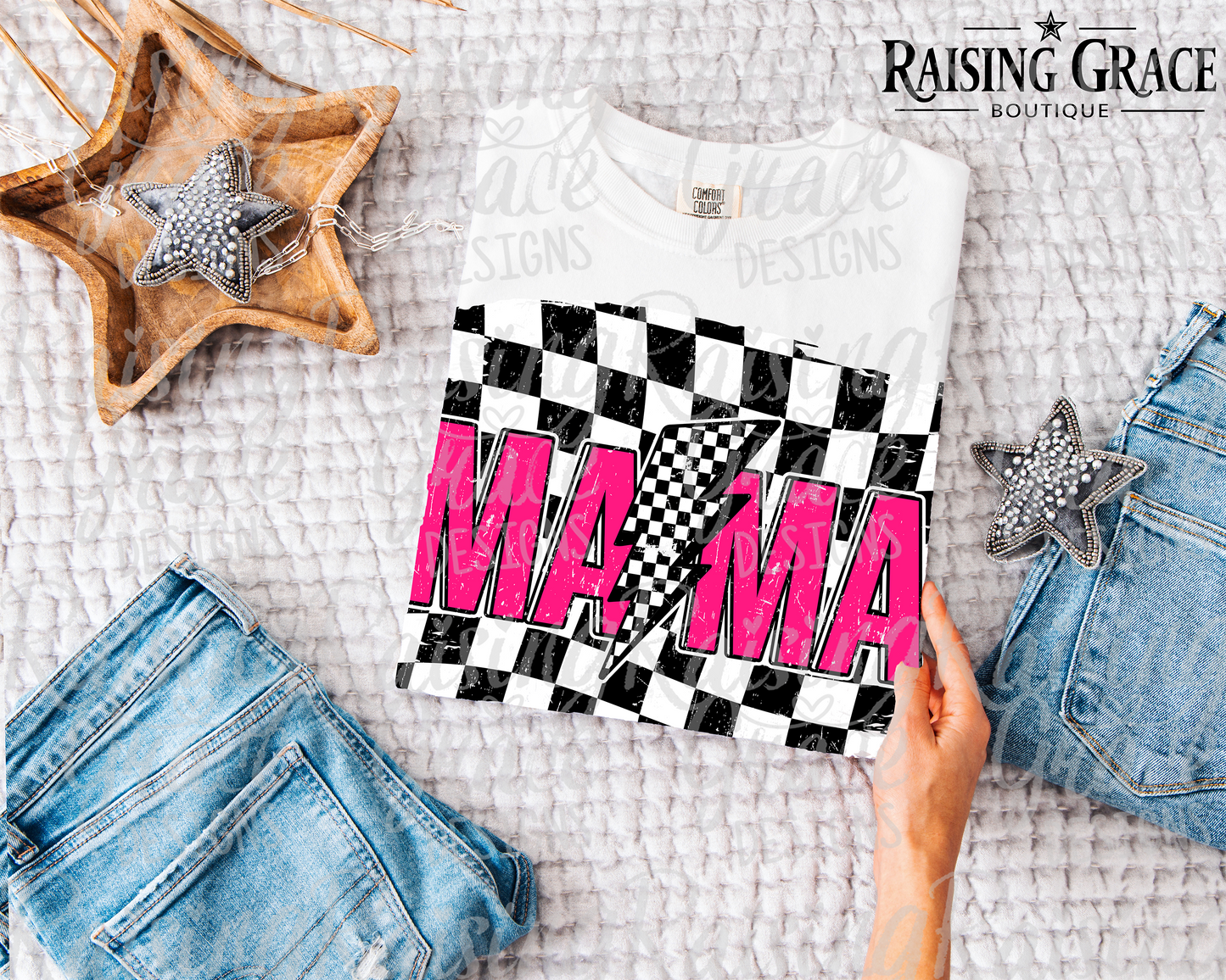MAMA - Pink with Checkerboard Lighting Bolt - Adult T-Shirt - Comfort Colors