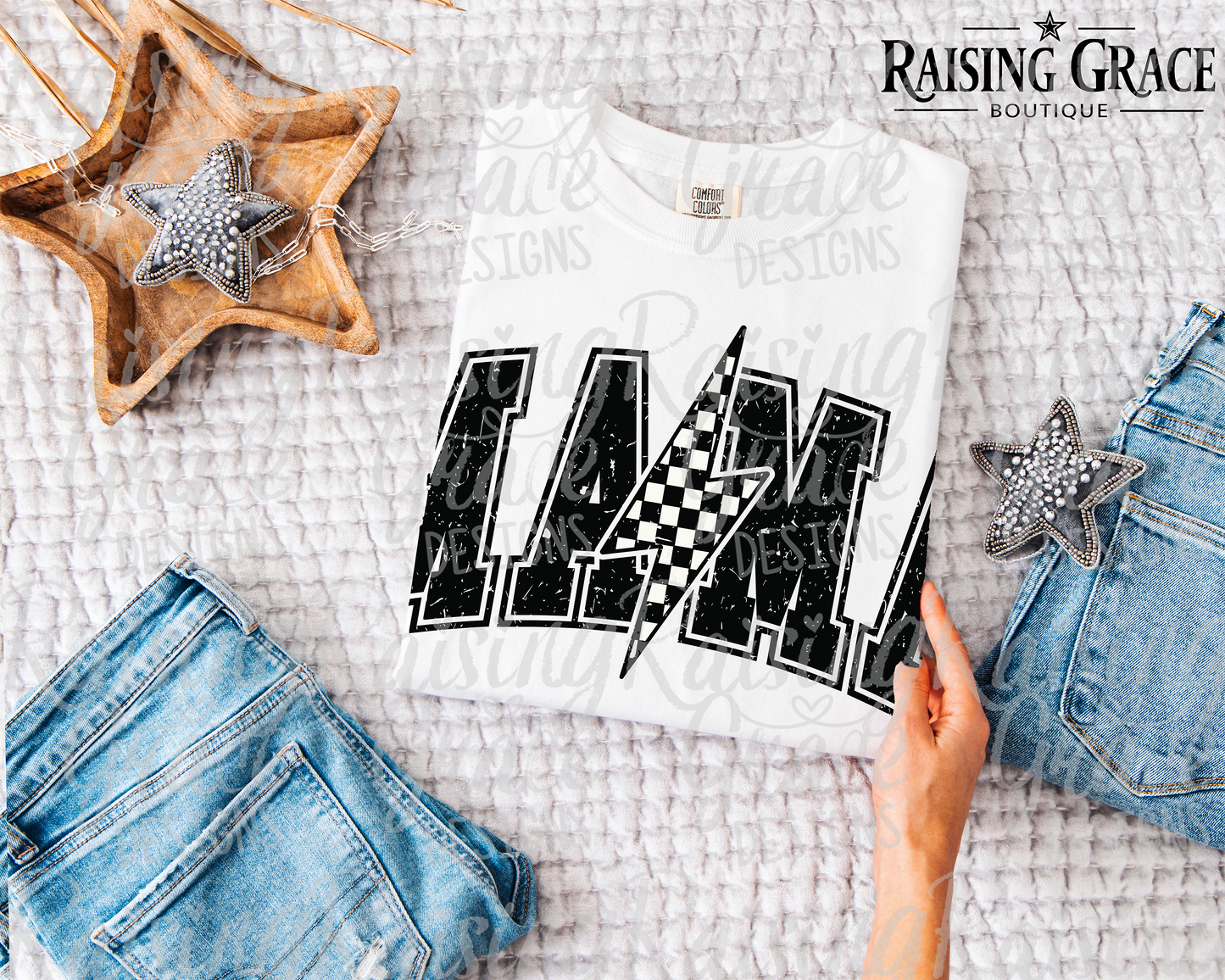 MAMA - With Checkered Lightning Bolt - Adult T-Shirt - Comfort Colors