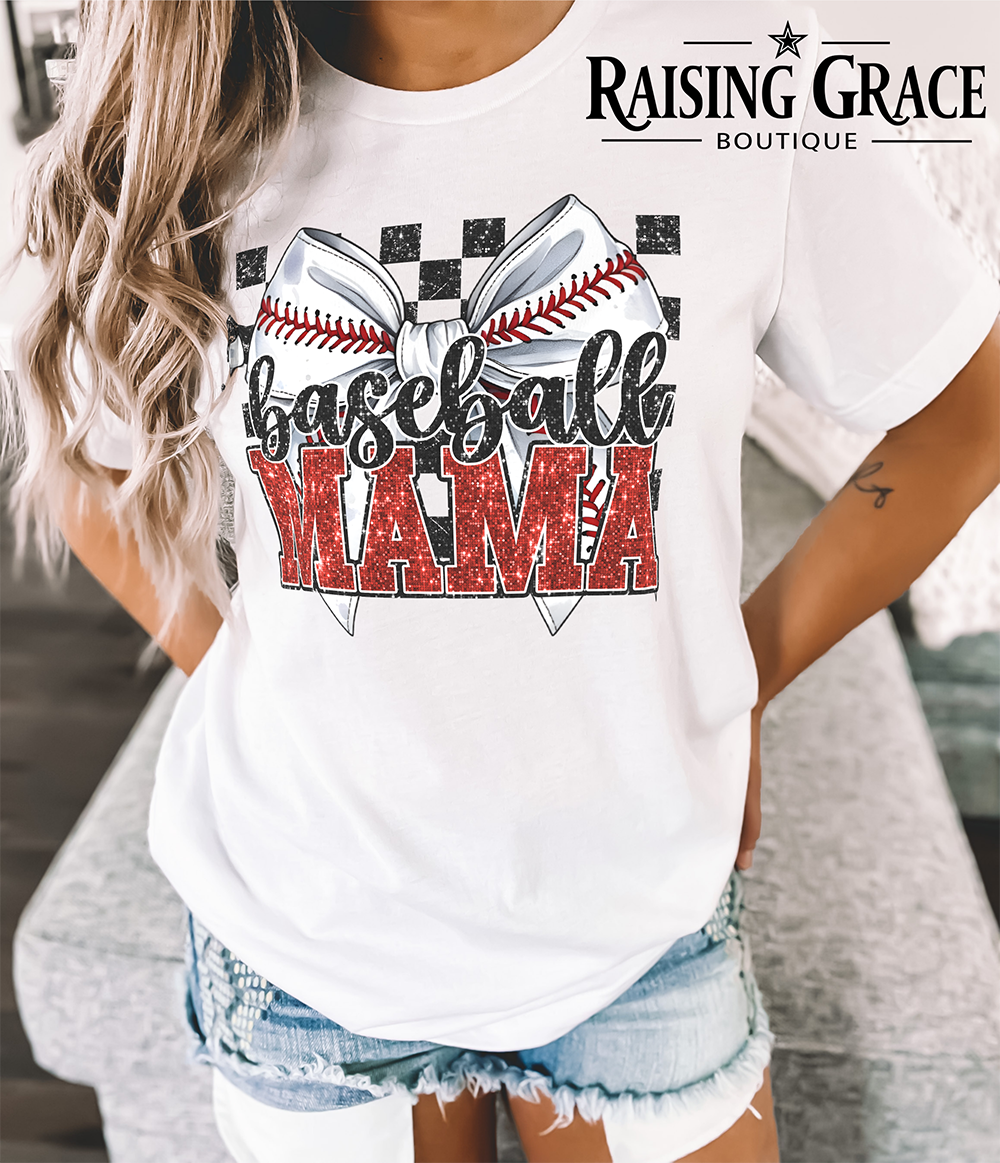 Baseball Mama - Adult T-Shirt - Comfort Colors - (faux "glitter" - red and black sequins)