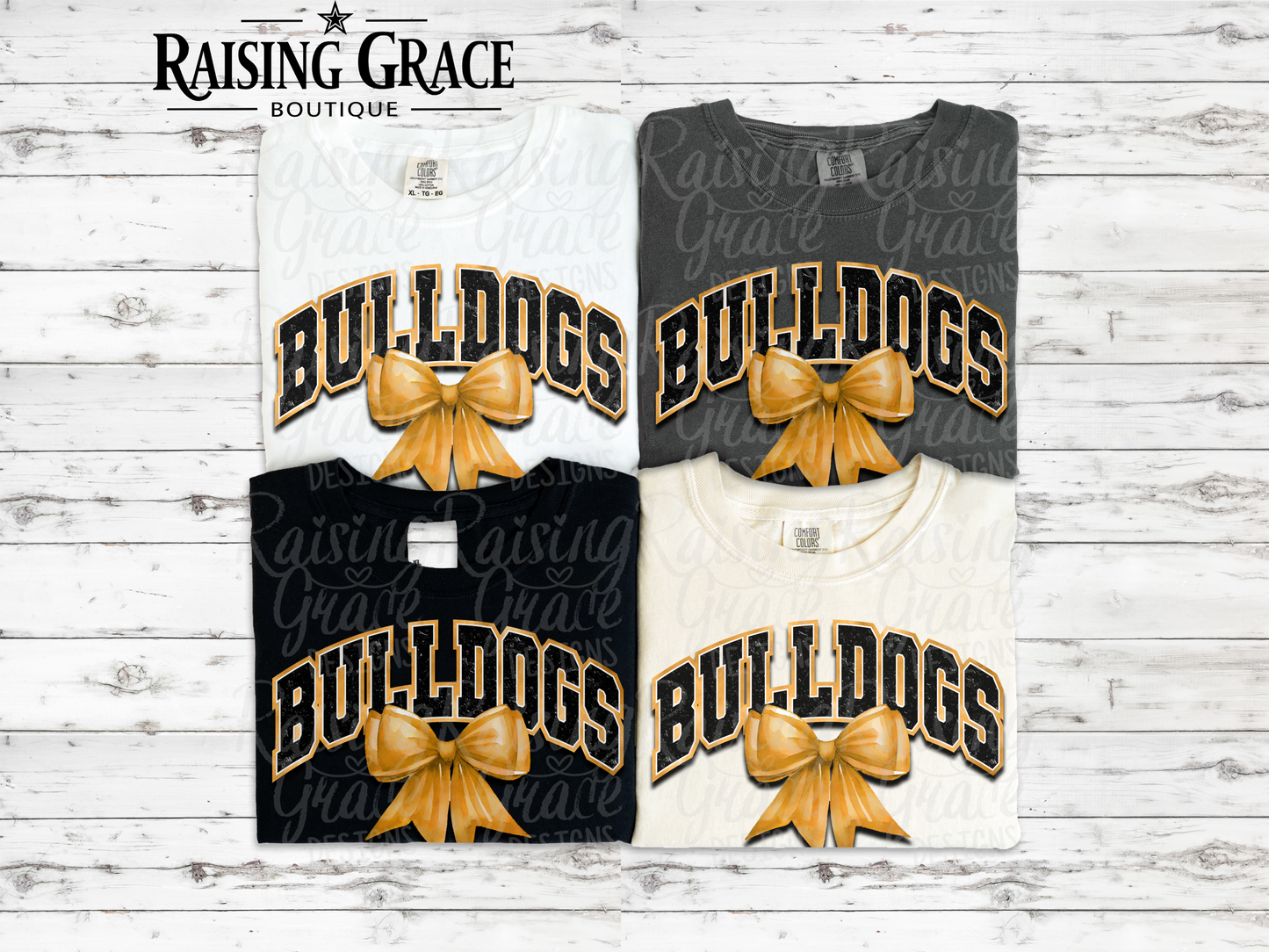Bulldogs - with Gold Coquette Bow - Adult T-Shirt - Comfort Colors