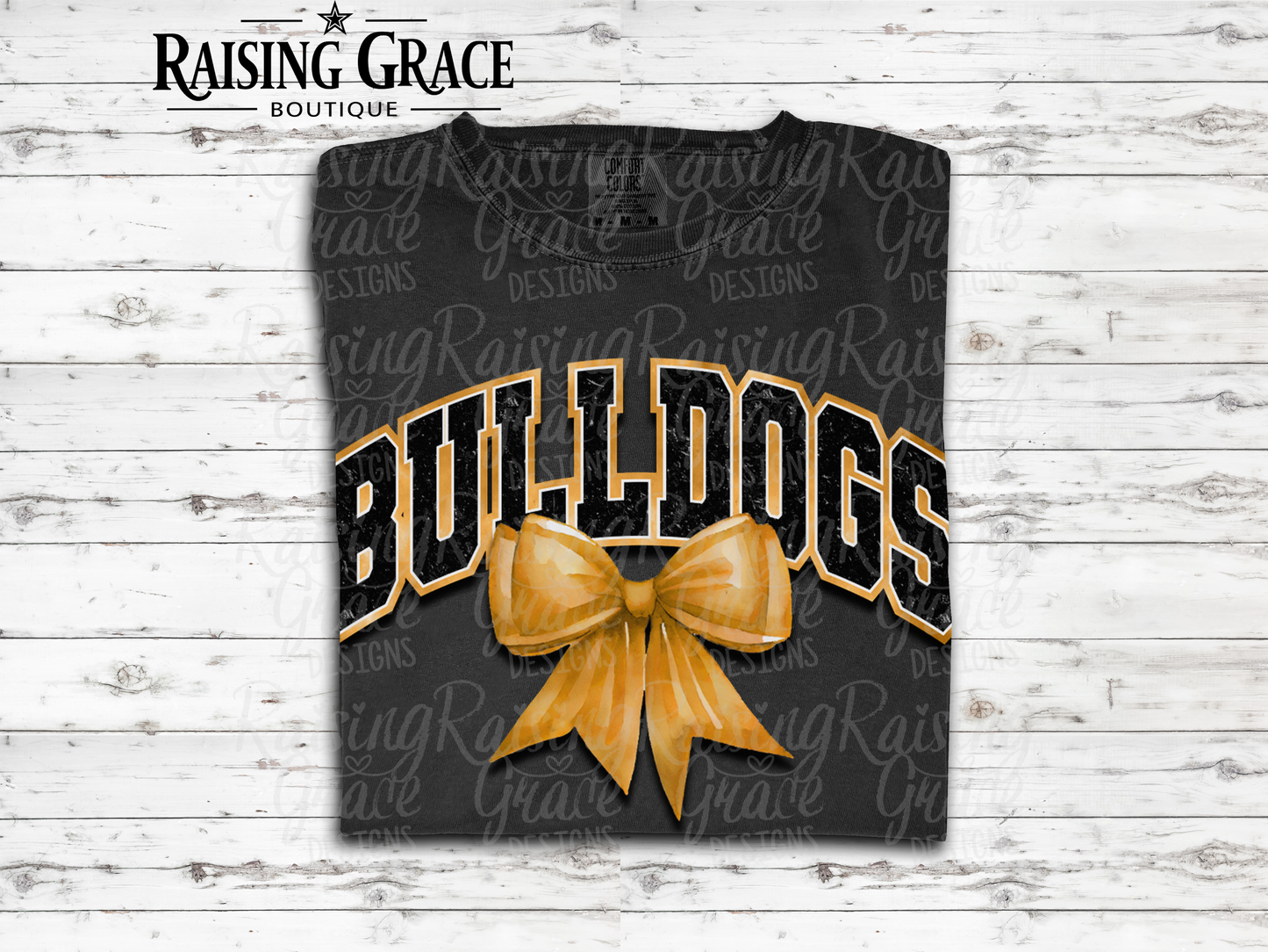 Bulldogs - with Gold Coquette Bow - Adult T-Shirt - Comfort Colors