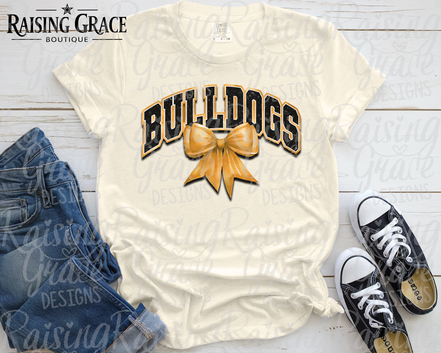 Bulldogs - with Gold Coquette Bow - Adult T-Shirt - Comfort Colors