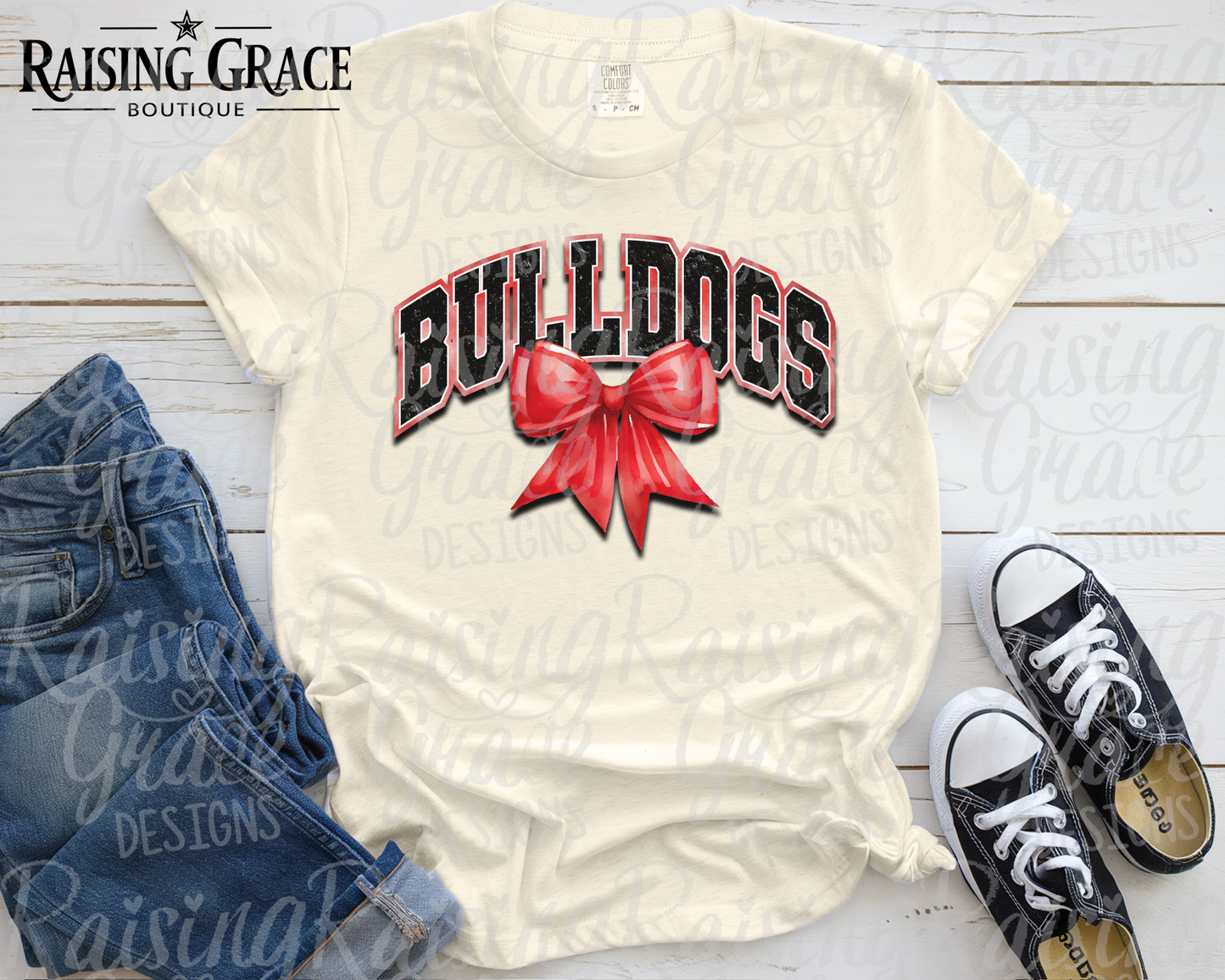 Bulldogs - with Red Coquette Bow - Adult T-Shirt - Comfort Colors