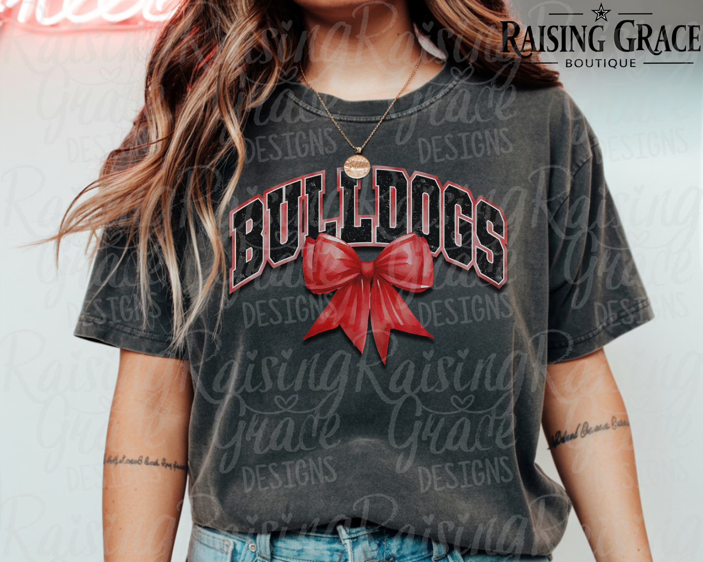 Bulldogs - with Red Coquette Bow - Adult T-Shirt - Comfort Colors