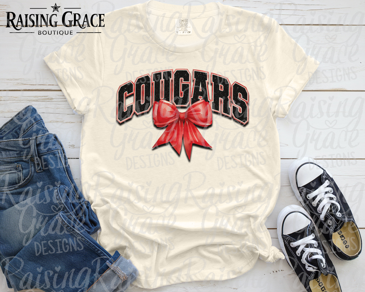 Cougars - with Red Coquette Bow - Adult T-Shirt - Comfort Colors