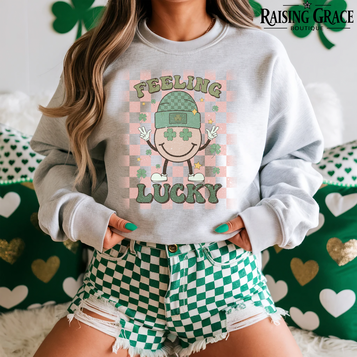Feeling Lucky Smiley Face Retro - St. Patrick's Day - Adult Sweatshirt