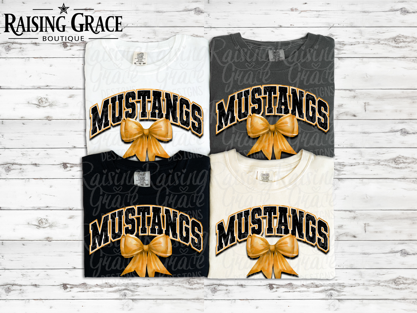Mustangs - with Gold Coquette Bow - Adult T-Shirt - Comfort Colors