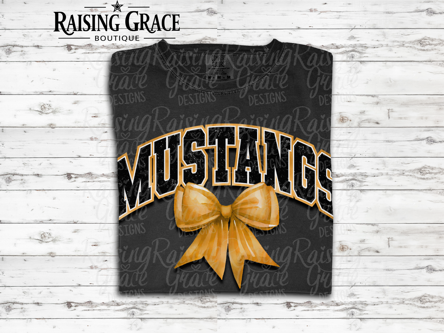 Mustangs - with Gold Coquette Bow - Adult T-Shirt - Comfort Colors