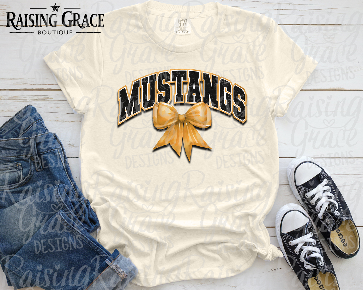 Mustangs - with Gold Coquette Bow - Adult T-Shirt - Comfort Colors