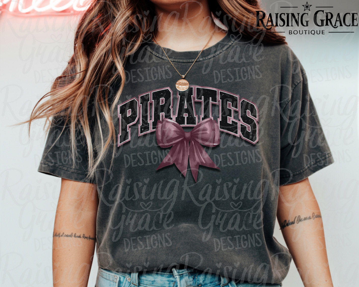 Pirates - with Maroon Coquette Bow - Adult T-Shirt - Comfort Colors
