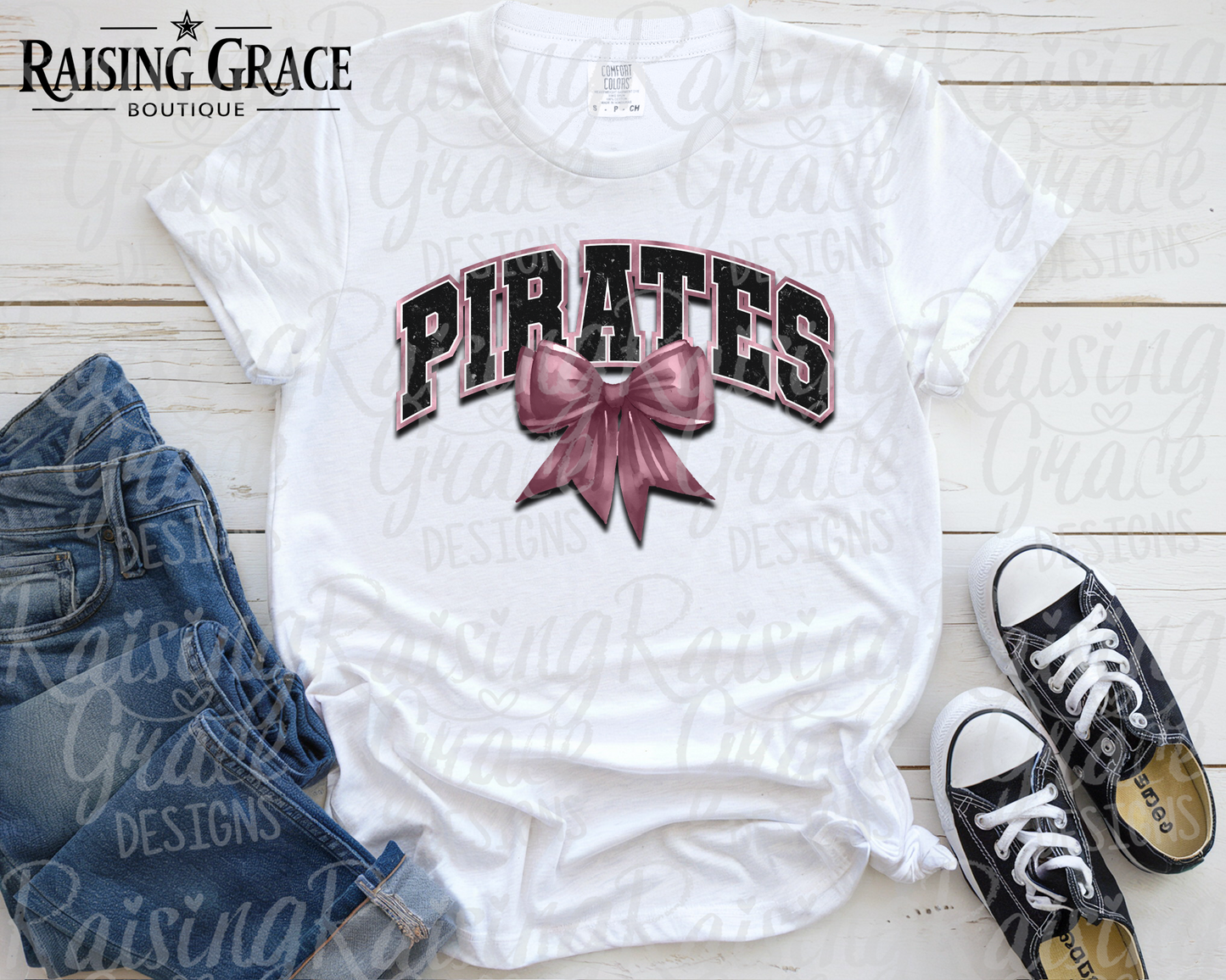 Pirates - with Maroon Coquette Bow - Adult T-Shirt - Comfort Colors