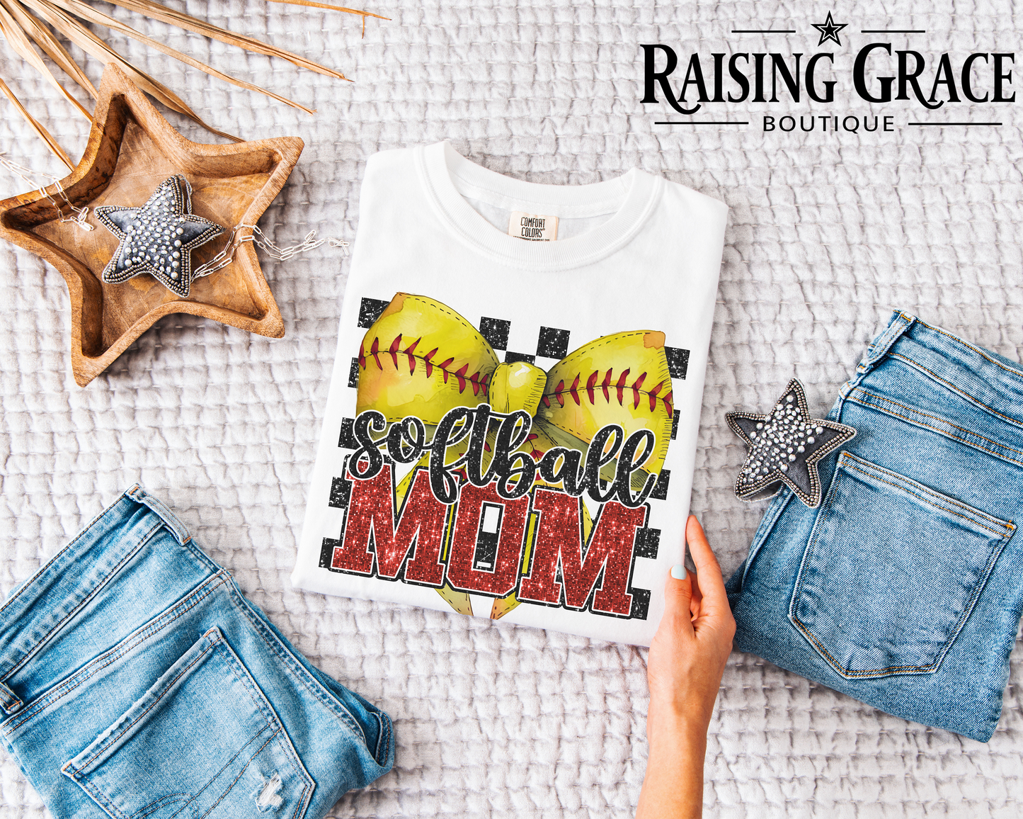 Softball Mom - Adult T-Shirt - Comfort Colors - (faux "glitter" - red and black sequins)