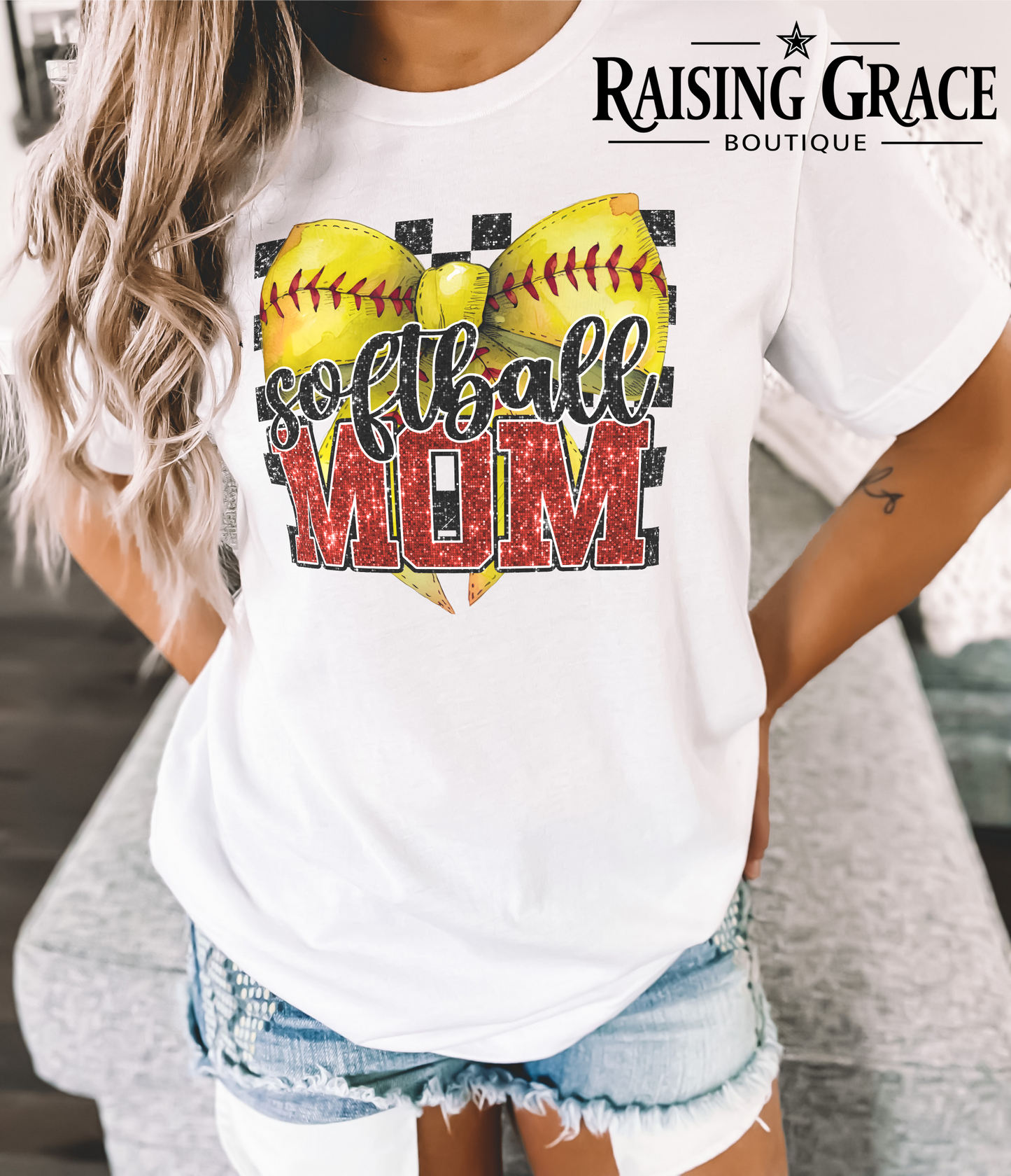 Softball Mom - Adult T-Shirt - Comfort Colors - (faux "glitter" - red and black sequins)