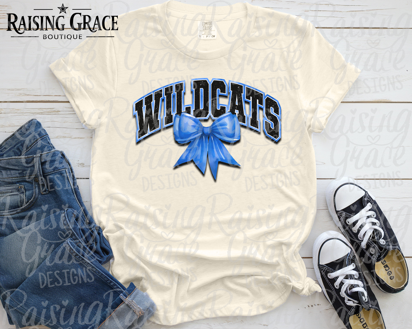 Wildcats - with Royal Blue Coquette Bow - Adult T-Shirt - Comfort Colors