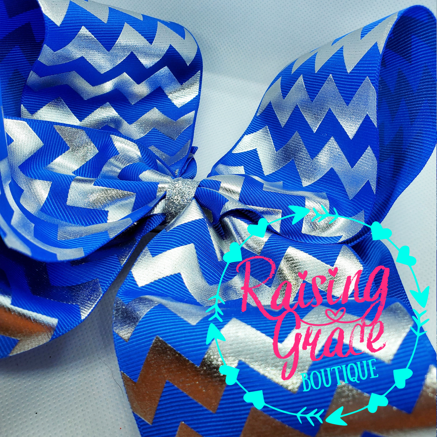 Royal Blue Bow with Silver Foil Chevron Stripes Hair Bow