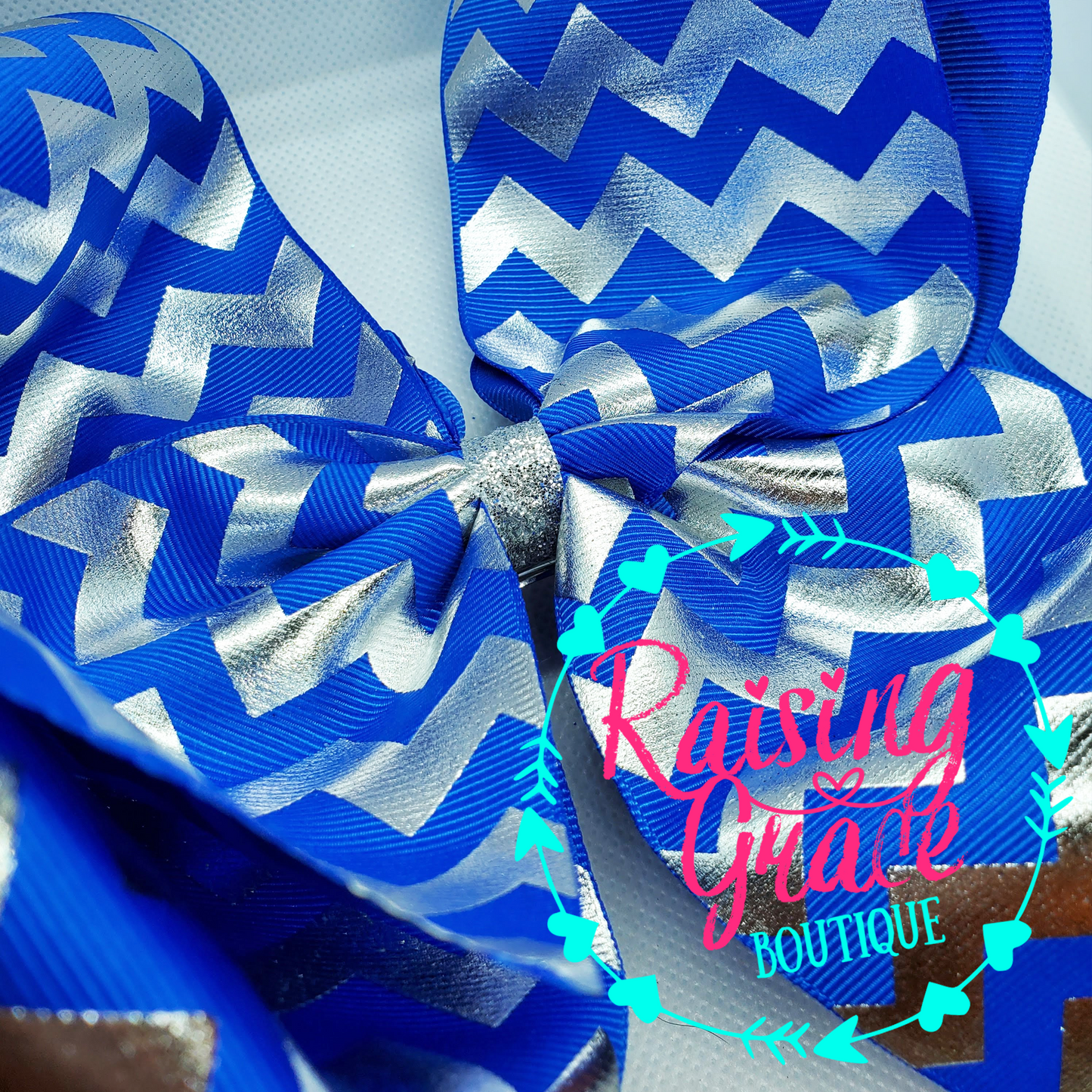 Royal Blue Bow with Silver Foil Chevron Stripes Hair Bow