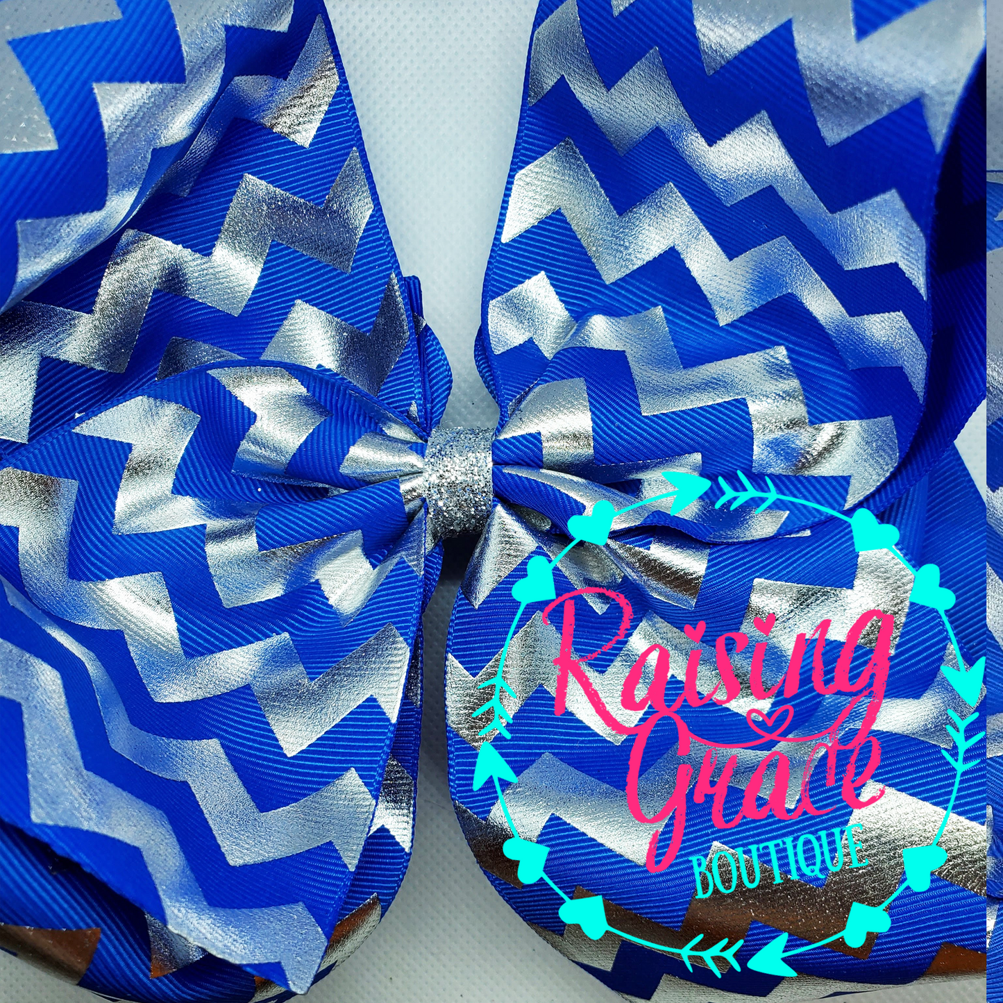 Royal Blue Bow with Silver Foil Chevron Stripes Hair Bow