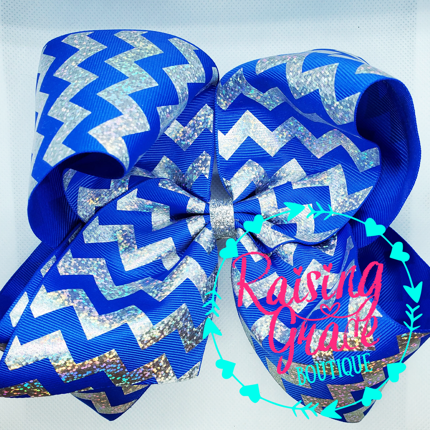 Royal Blue with Silver Glitter Foil Chevron Stripes Hair Bow