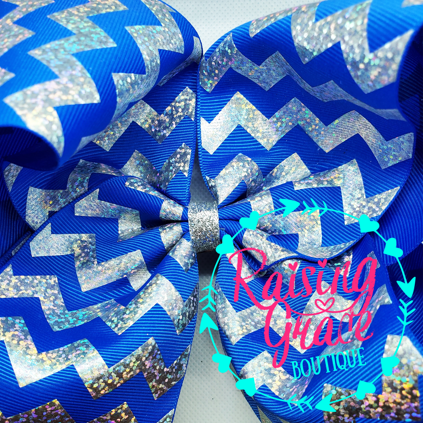 Royal Blue with Silver Glitter Foil Chevron Stripes Hair Bow