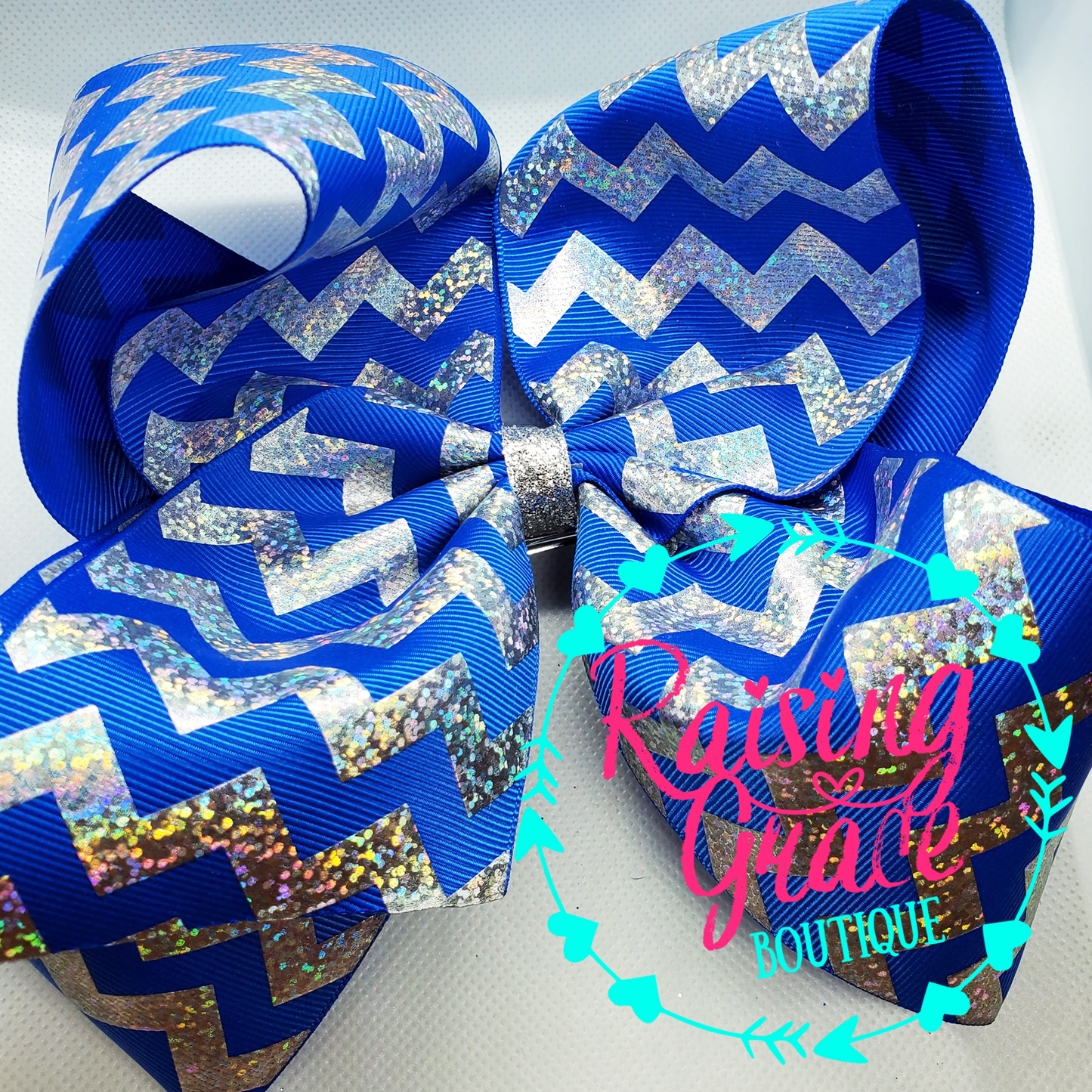 Royal Blue with Silver Glitter Foil Chevron Stripes Hair Bow