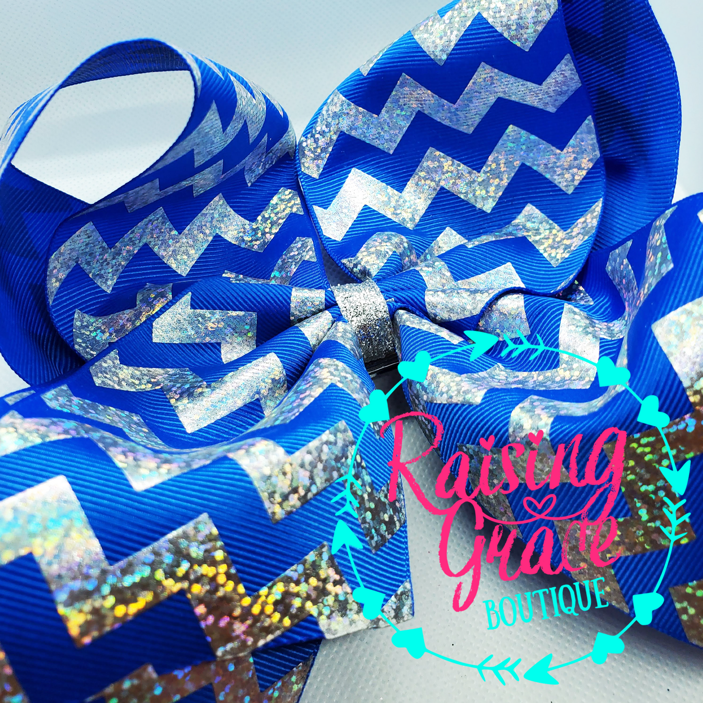 Royal Blue with Silver Glitter Foil Chevron Stripes Hair Bow