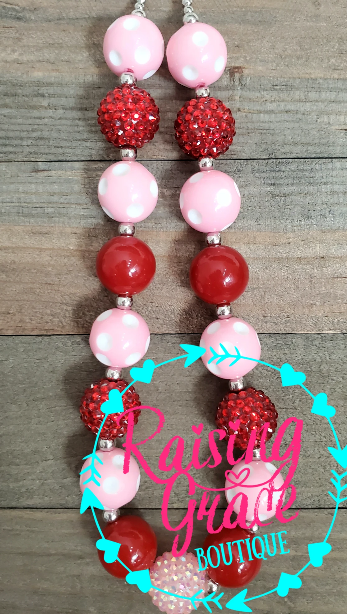 Light Pink Polka Dots and Red Bubblegum Necklace