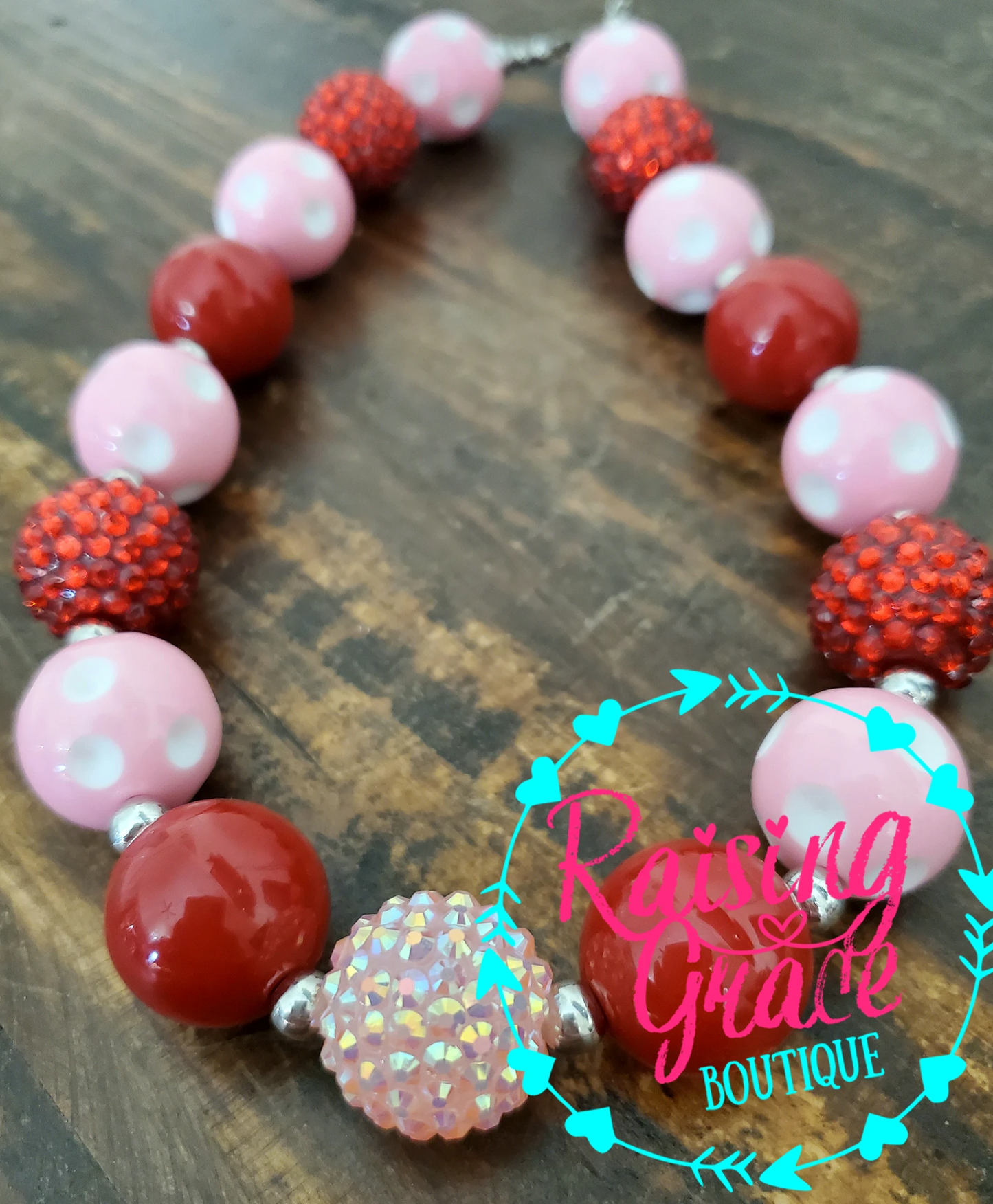 Light Pink Polka Dots and Red Bubblegum Necklace