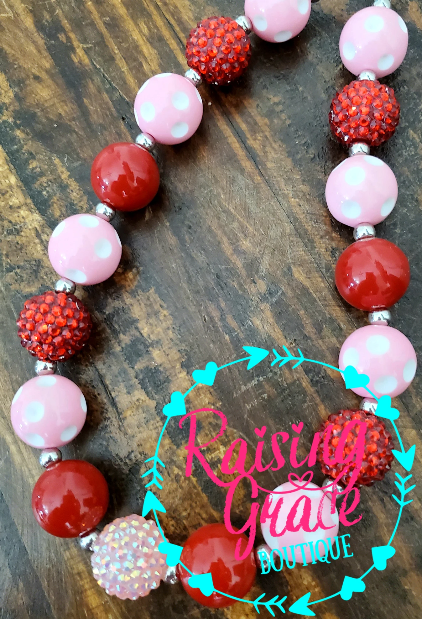 Light Pink Polka Dots and Red Bubblegum Necklace
