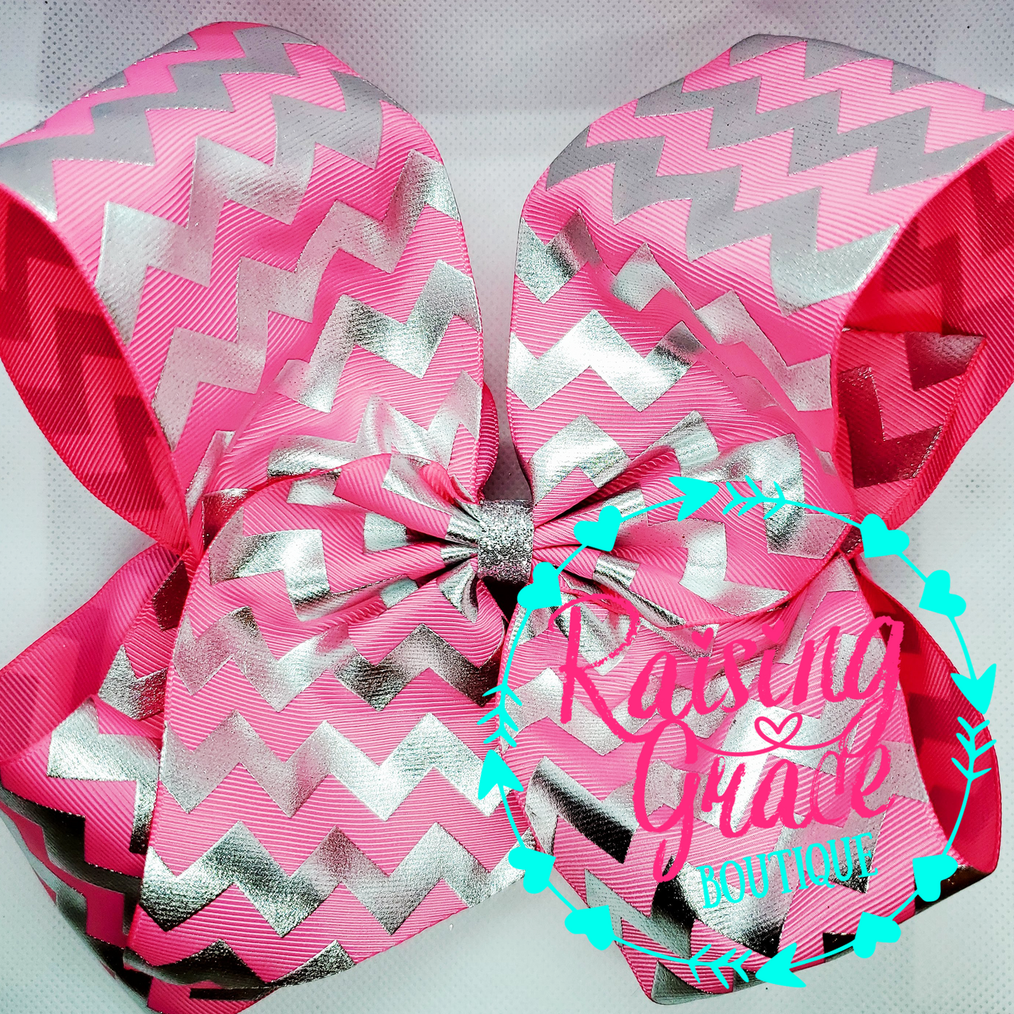 Pink with Silver Chevron Stripes Hair Bow