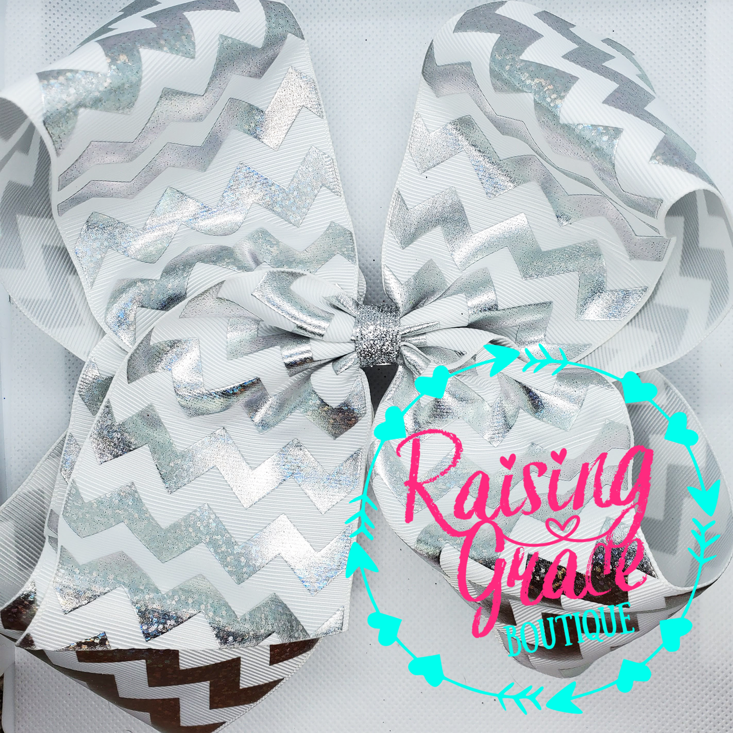 White with Silver Chevron Stripes Hair Bow