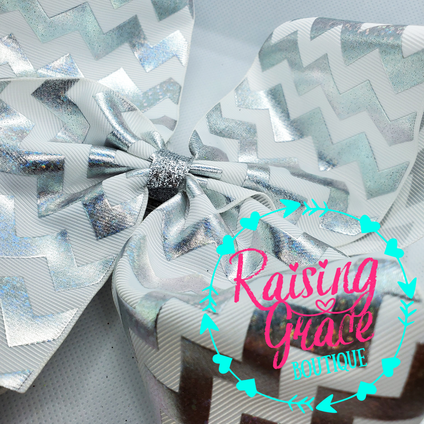 White with Silver Chevron Stripes Hair Bow