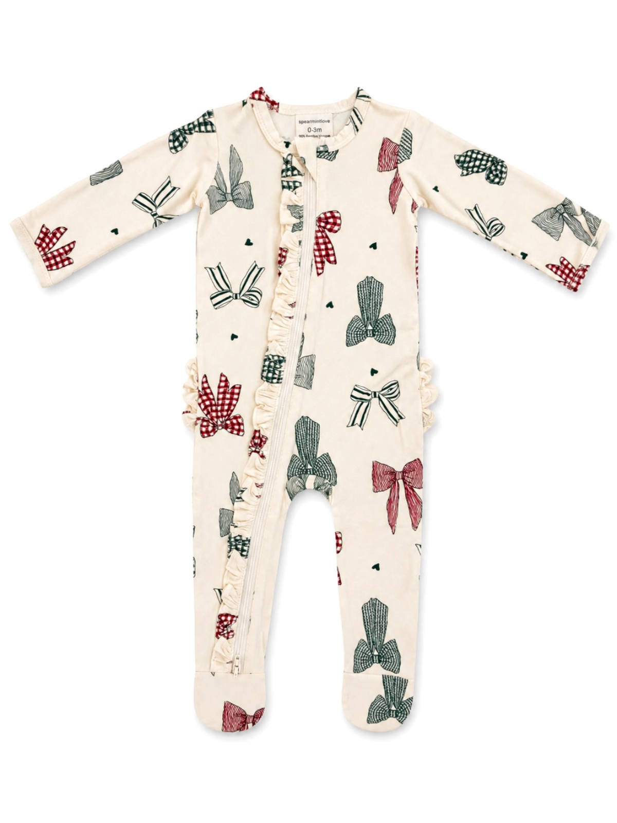 2-Way Zip Ruffle Footie, Country Christmas Bows: 0 - 3 mo.