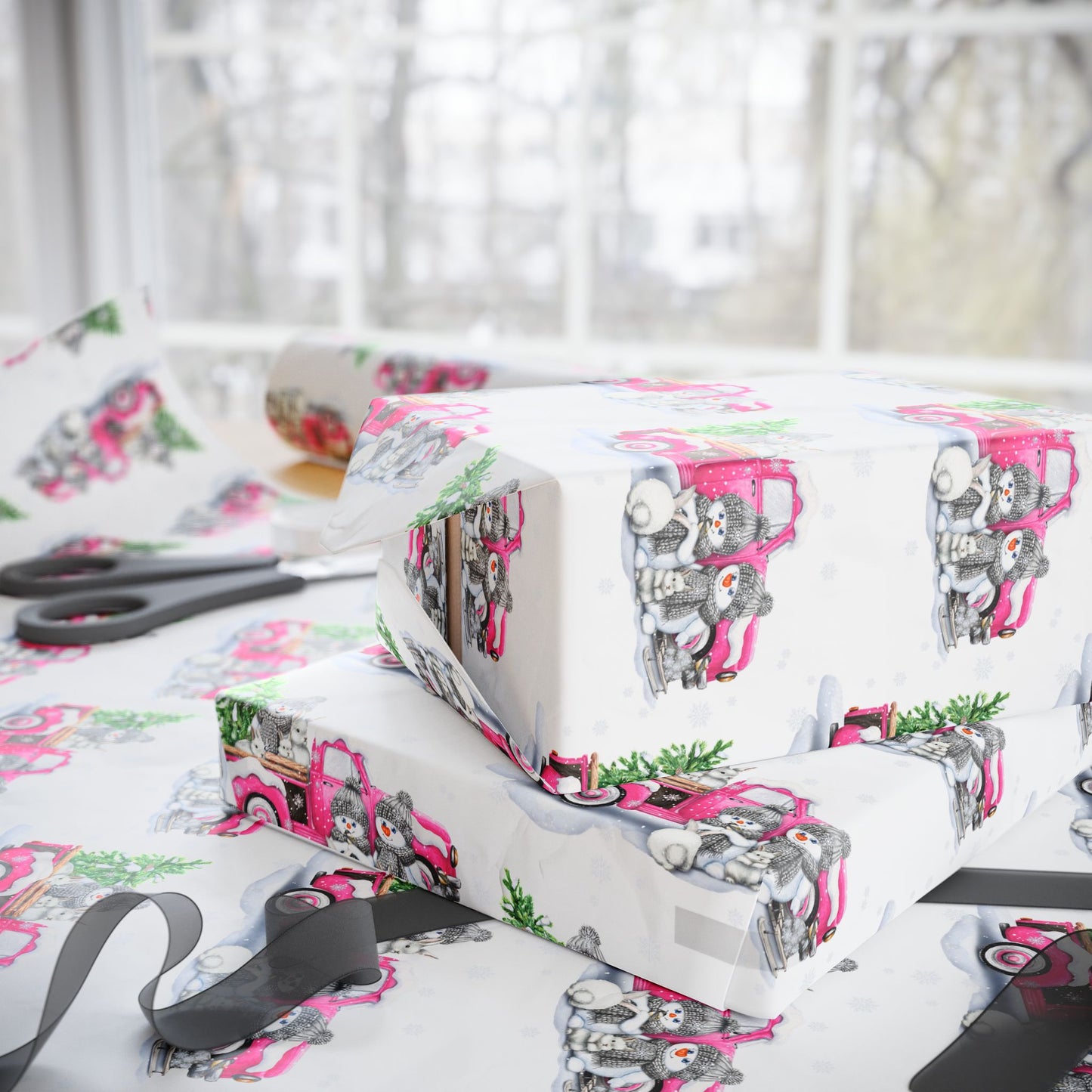 Pink Truck with Snowmen Pattern - Wrapping Paper