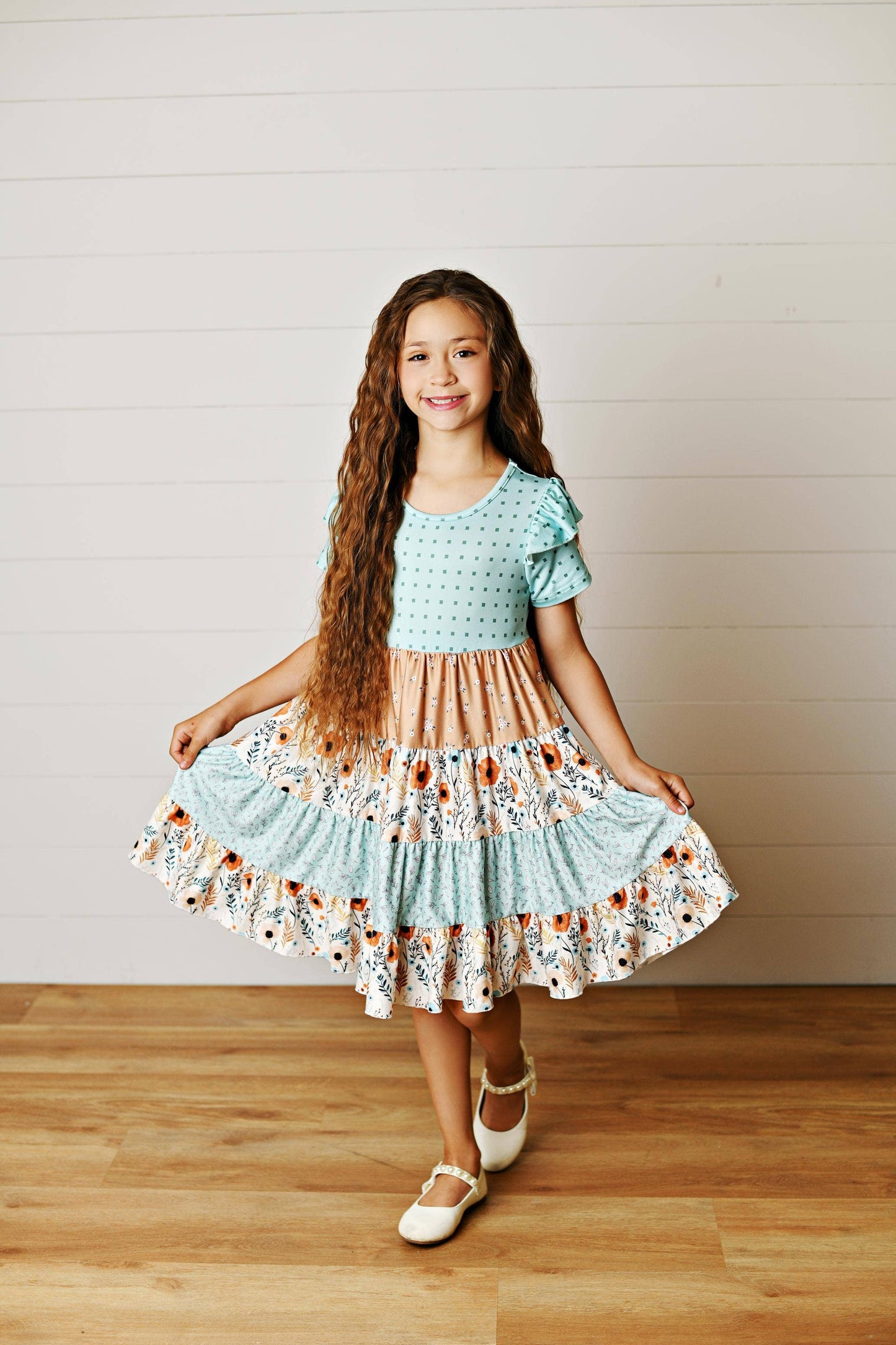 Girls Fall Ava Teal Beige Floral Dot Tiered Twirl Dress: 5/6