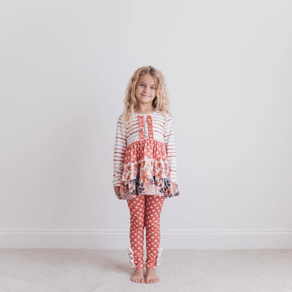 Kids Rust Button 3 Tiered Fall Ruffle Legging Set: 7/8