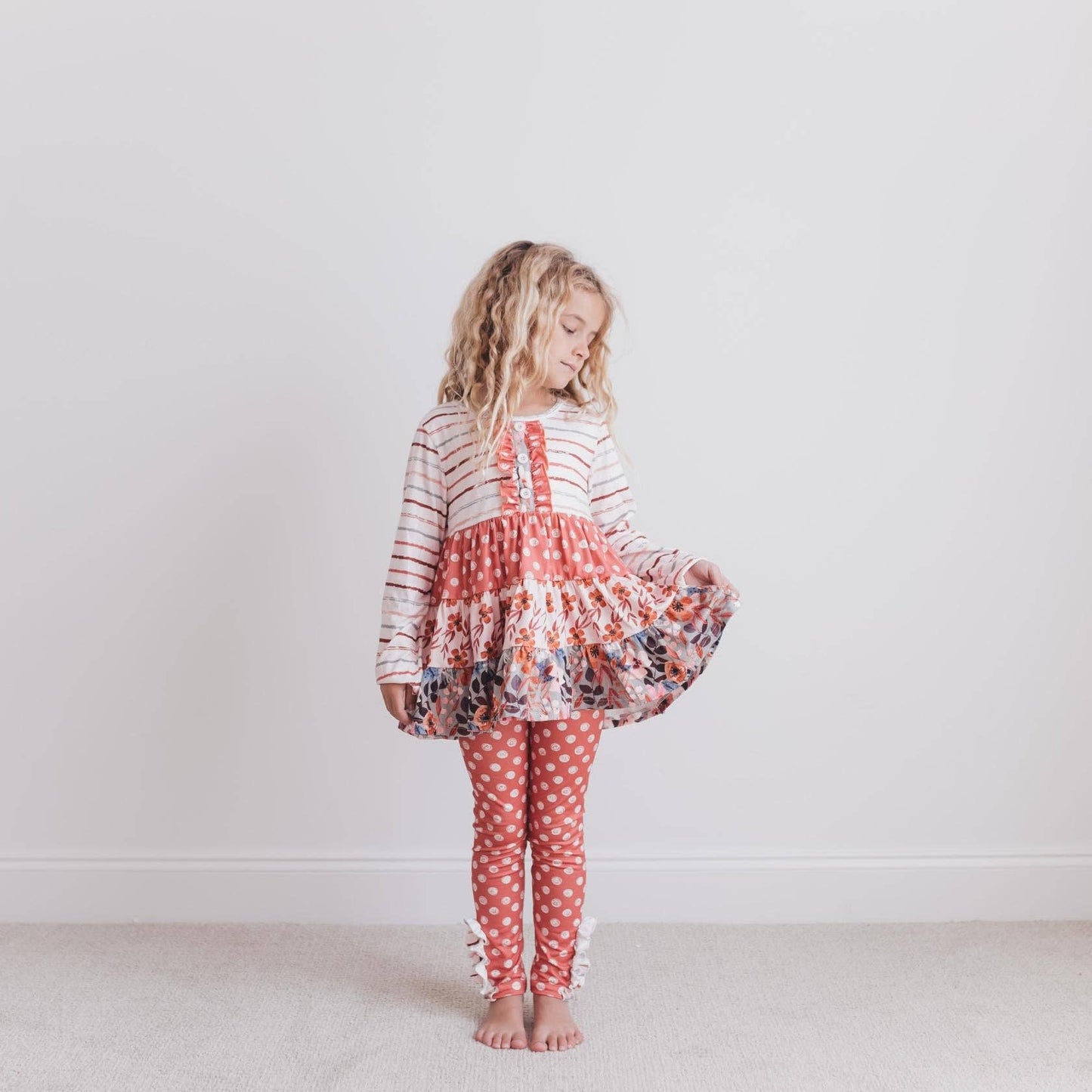 Kids Rust Button 3 Tiered Fall Ruffle Legging Set: 7/8
