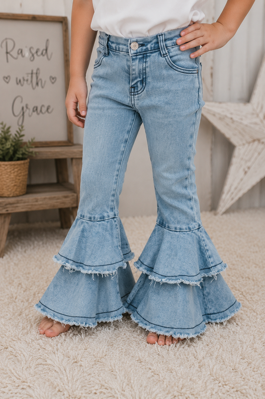 Girls Double Ruffle Bell Bottom Jeans