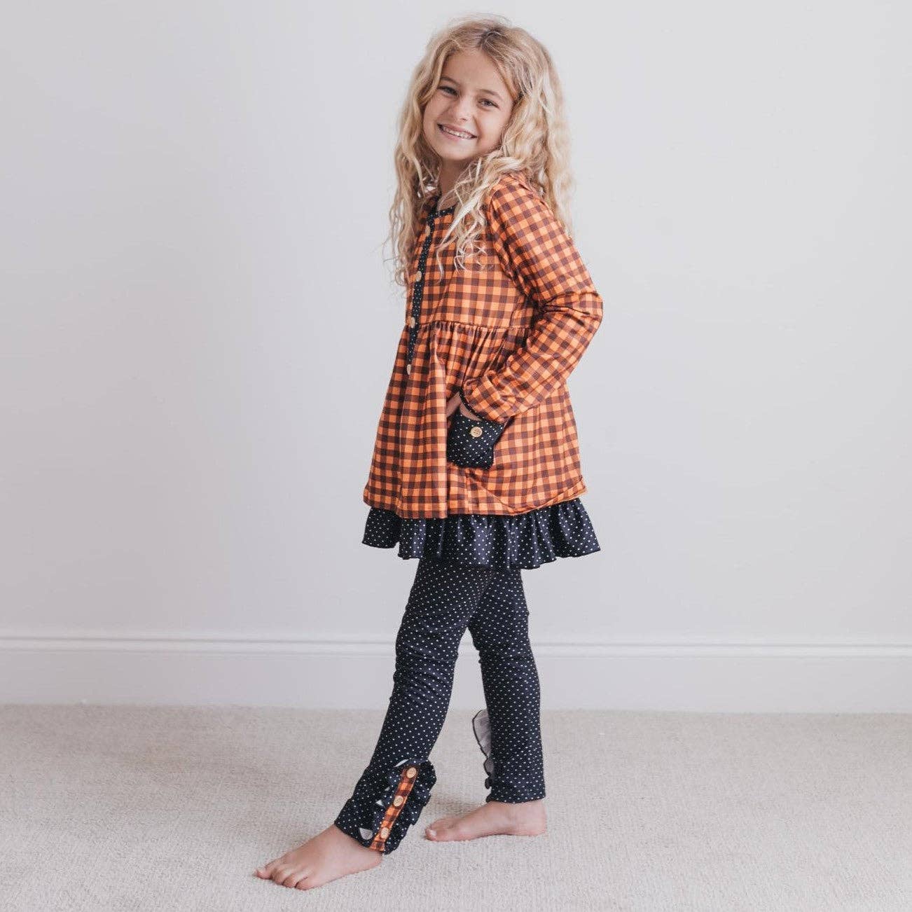 Kids Navy & Rust Gingham Check Button Pocket Pant Fall Set: 5/6