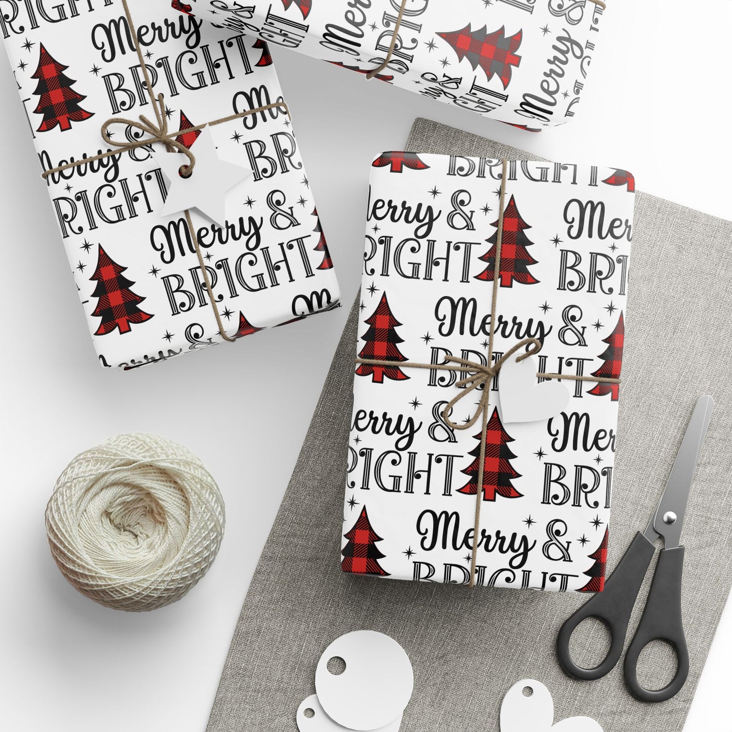 Merry and Bright with Buffalo Plaid Tree Pattern - Wrapping Paper