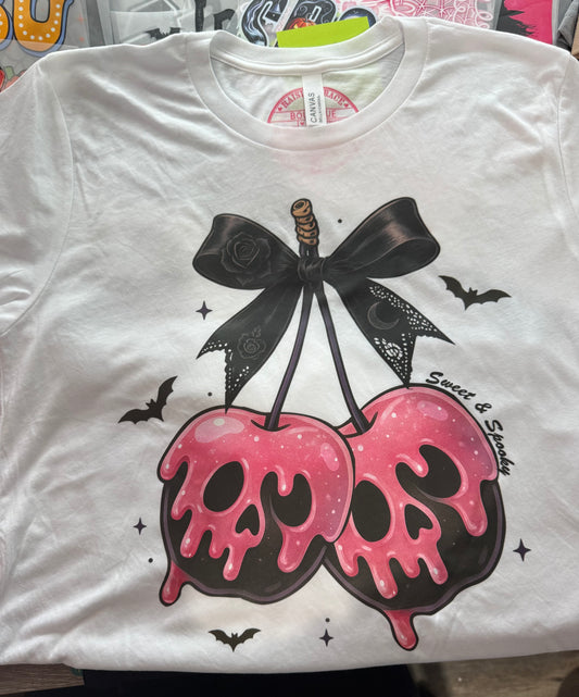 Sweet & Spooky Pink Skull Cherries Tee – Adult Medium | Ready to Ship
