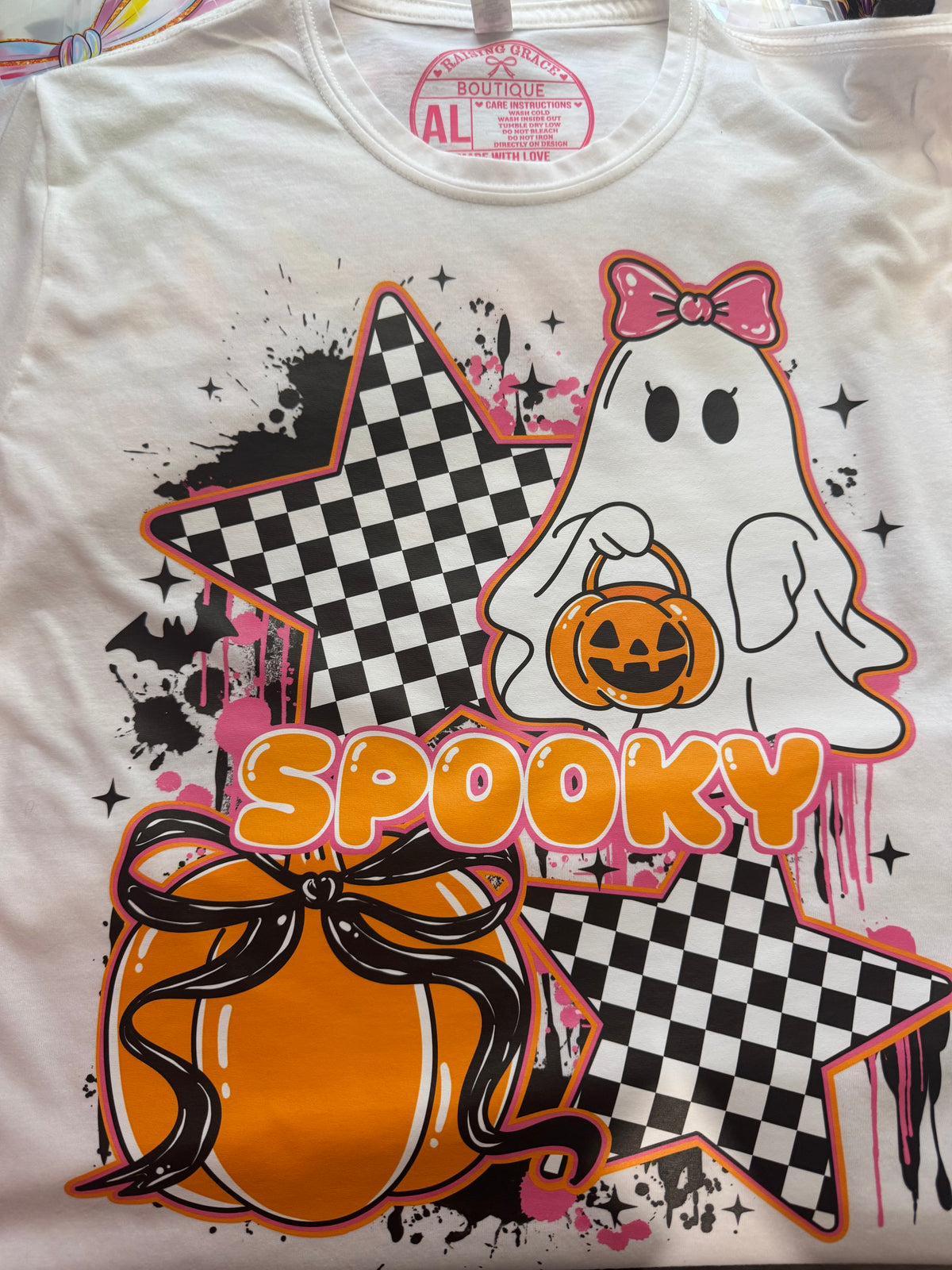 Spooky Ghost & Checkered Stars Tee – Adult Large | Ready to Ship