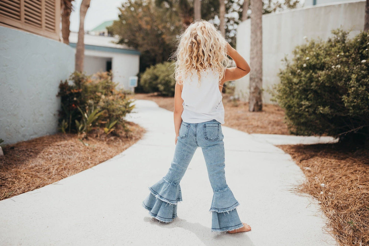 Kids Light Wash Denim Double Ruffle Jeans Pants: 6