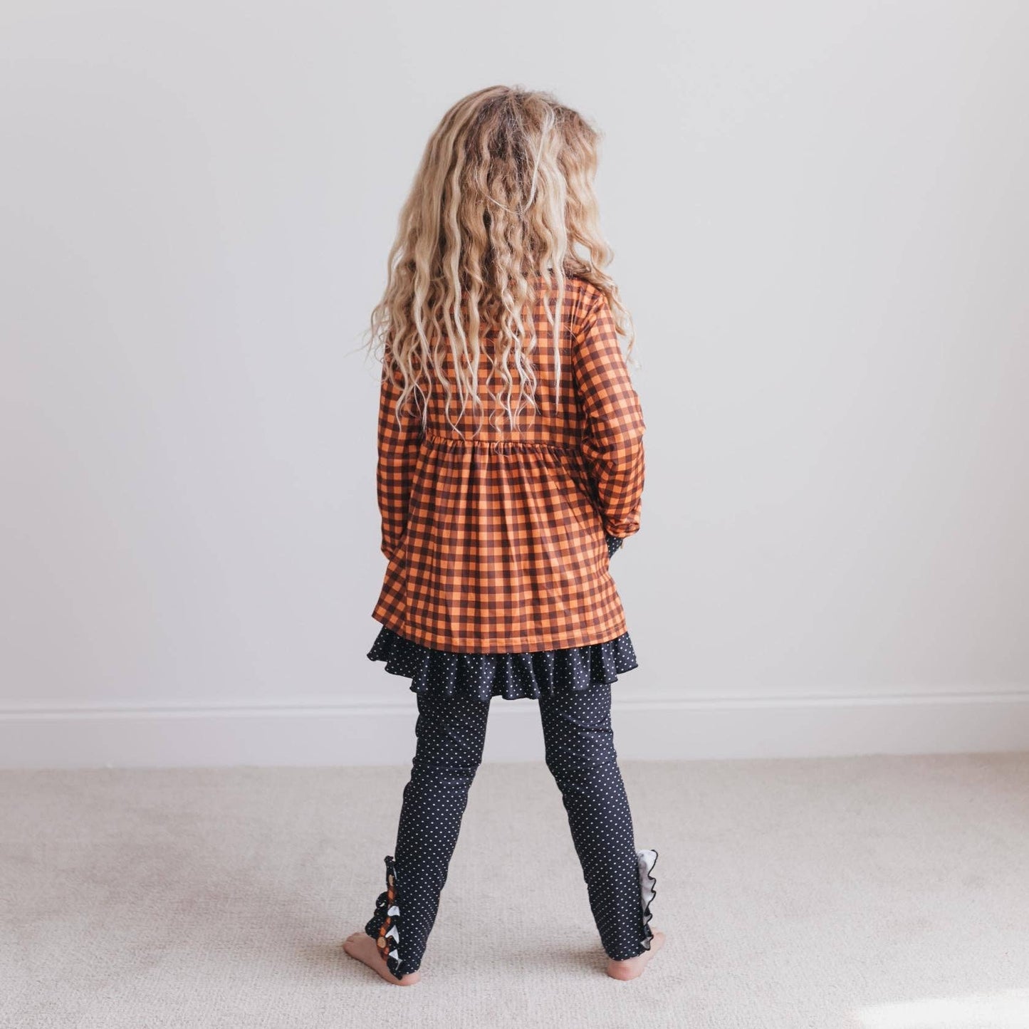 Kids Navy & Rust Gingham Check Button Pocket Pant Fall Set: 3/4