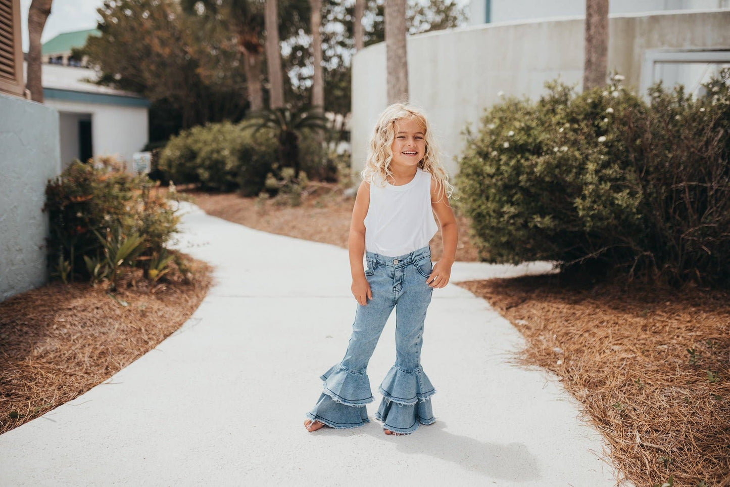 Kids Light Wash Denim Double Ruffle Jeans Pants: 5