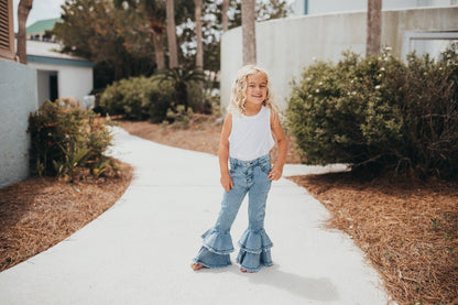 Kids Light Wash Denim Double Ruffle Jeans Pants: 5