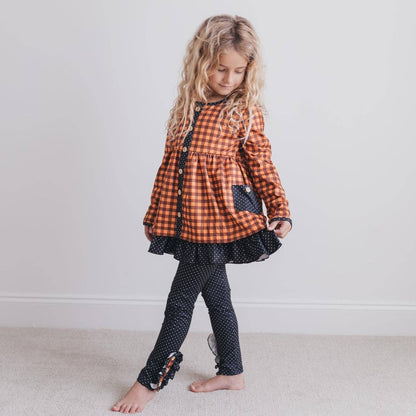 Kids Navy & Rust Gingham Check Button Pocket Pant Fall Set: 3/4