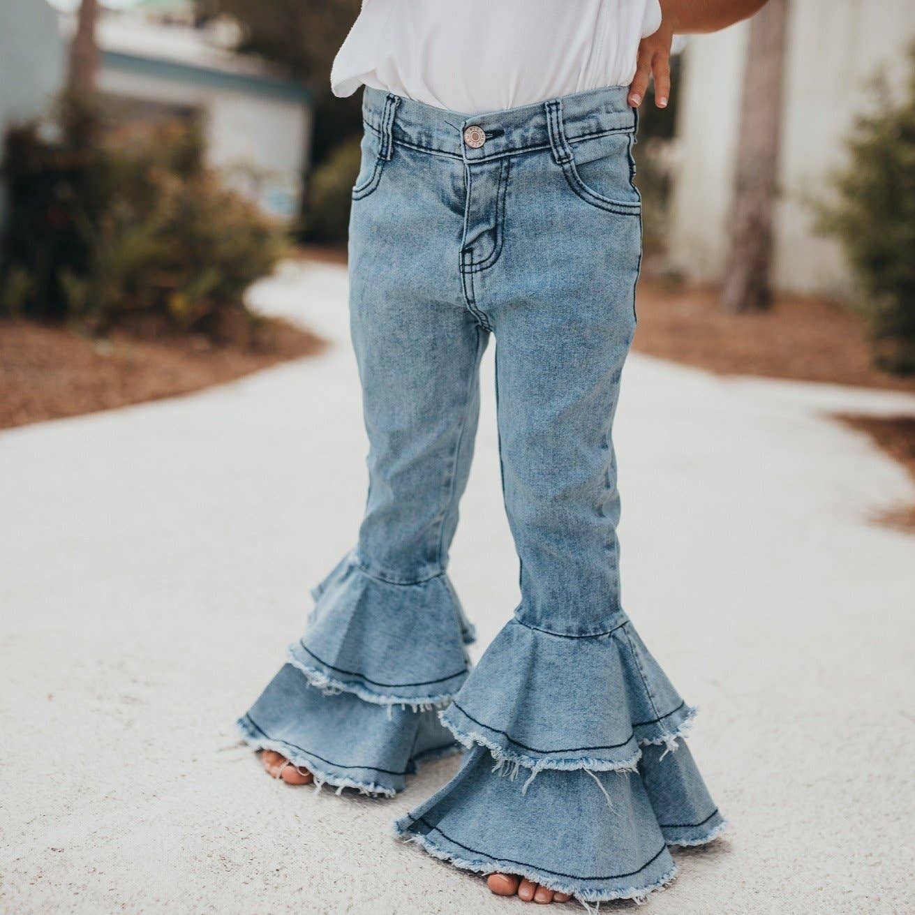 Kids Light Wash Denim Double Ruffle Jeans Pants: 6